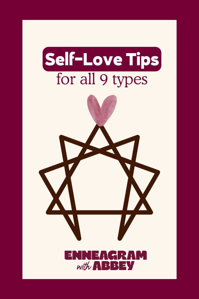 Minimalist Enneagram symbol with a pink heart above it and the text “Self-Love Tips for all 9 types – Enneagram with Abbey” on a neutral background.