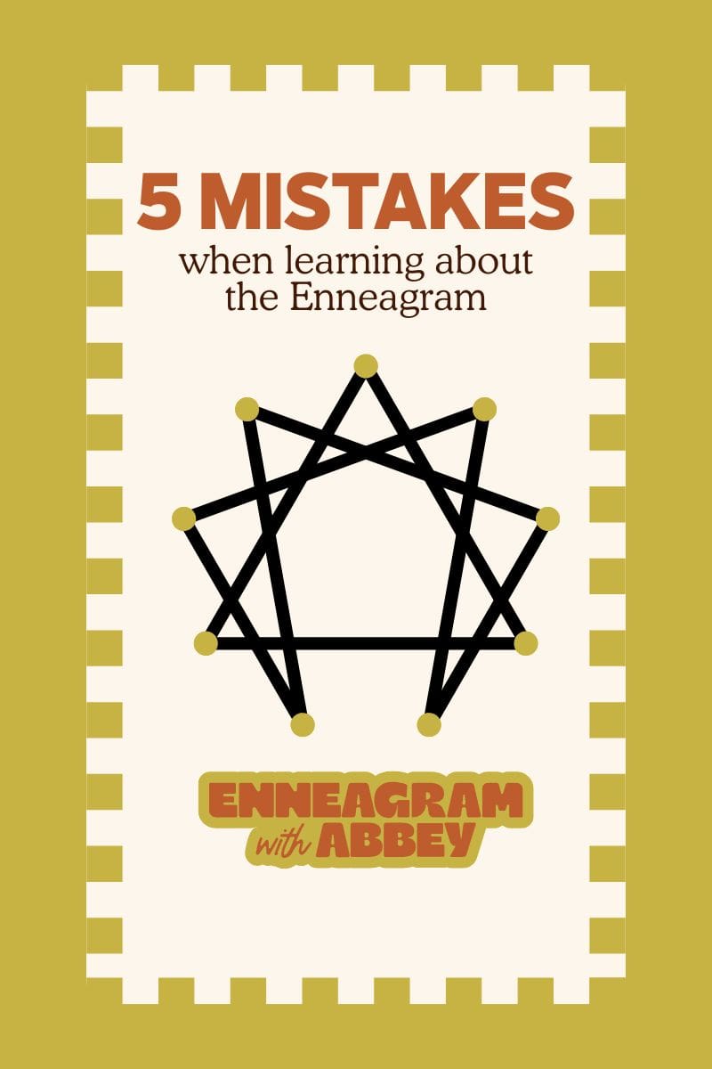 Graphic titled “5 Mistakes when learning about the Enneagram” featuring a large Enneagram symbol on a cream background with a mustard yellow border and “Enneagram with Abbey” at the bottom.