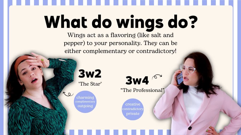 Illustration comparing 3w2 ‘The Star’ and 3w4 ‘The Professional’ to show how wings influence personality traits