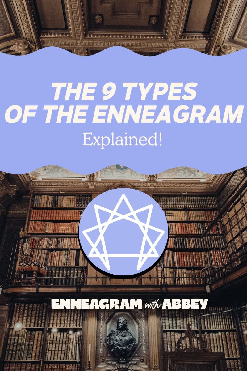 Graphic titled “The 9 Types of the Enneagram Explained!” featuring a grand library with tall bookshelves and a large Enneagram symbol in the center, with “Enneagram with Abbey” at the bottom.