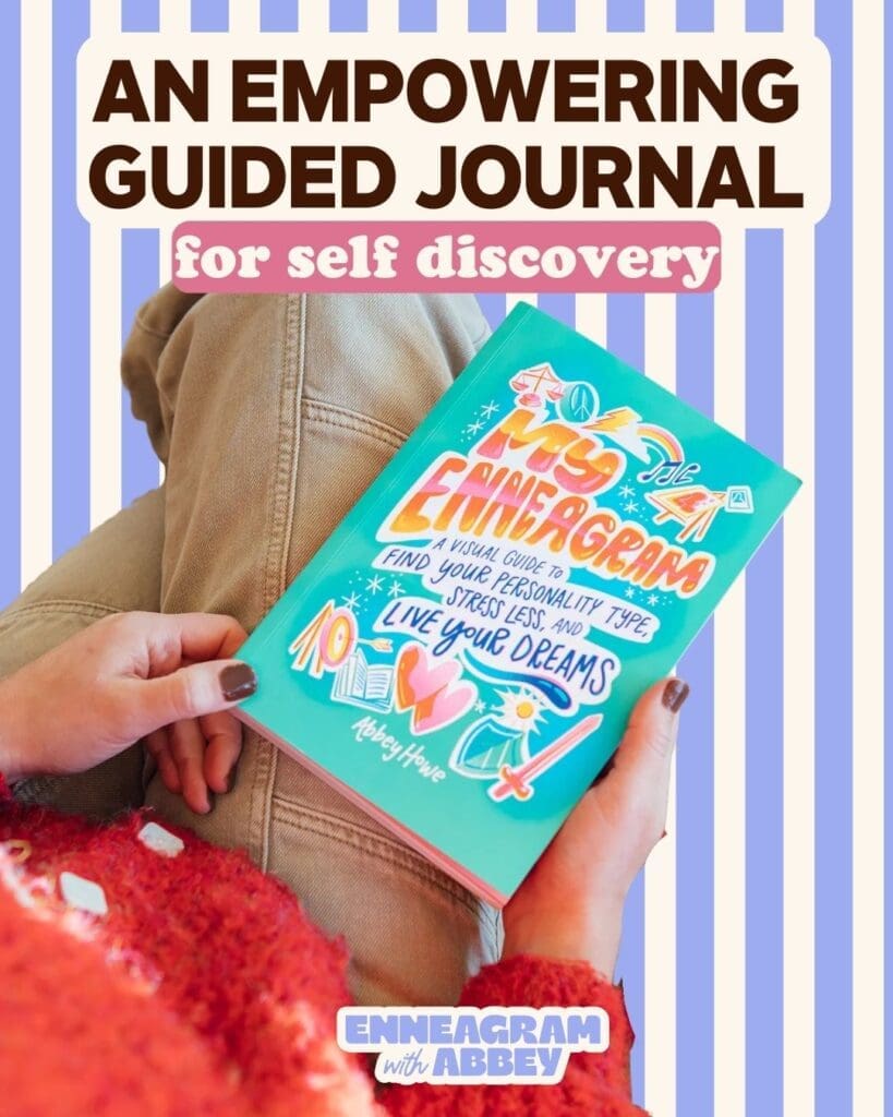 A person holds "MY Enneagram" a guided journal by Abbey Howe on their lap. Bold text at the top reads, "An Empowering Guided Journal for Self Discovery." The journal features a colorful illustrated cover, and blue-and-white striped borders frame the image. "Enneagram with Abbey" branding appears at the bottom.