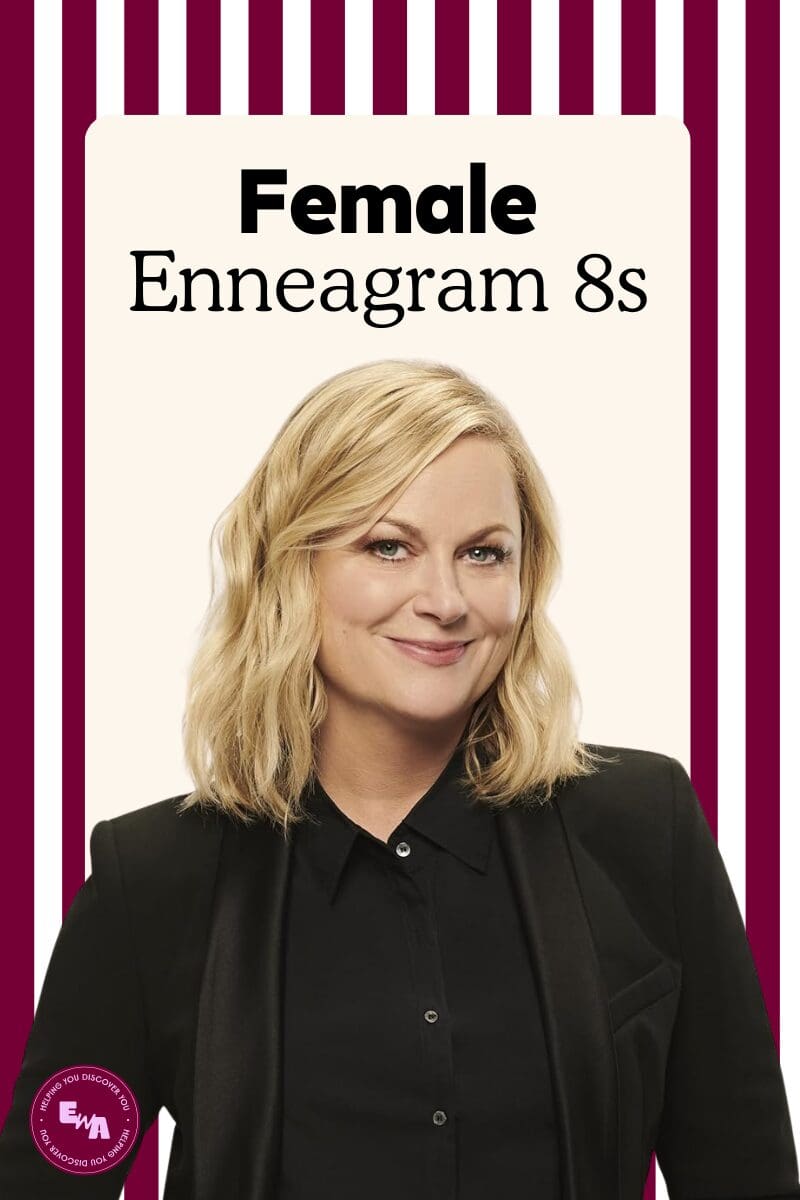 Graphic with the text “Female Enneagram 8s” in bold black lettering on a cream background. Below the text is Amy Poehler with shoulder-length hair wearing a black blazer and black button-up shirt, smiling confidently at the camera. The background features vertical burgundy and white stripes, with a small circular logo in the corner.