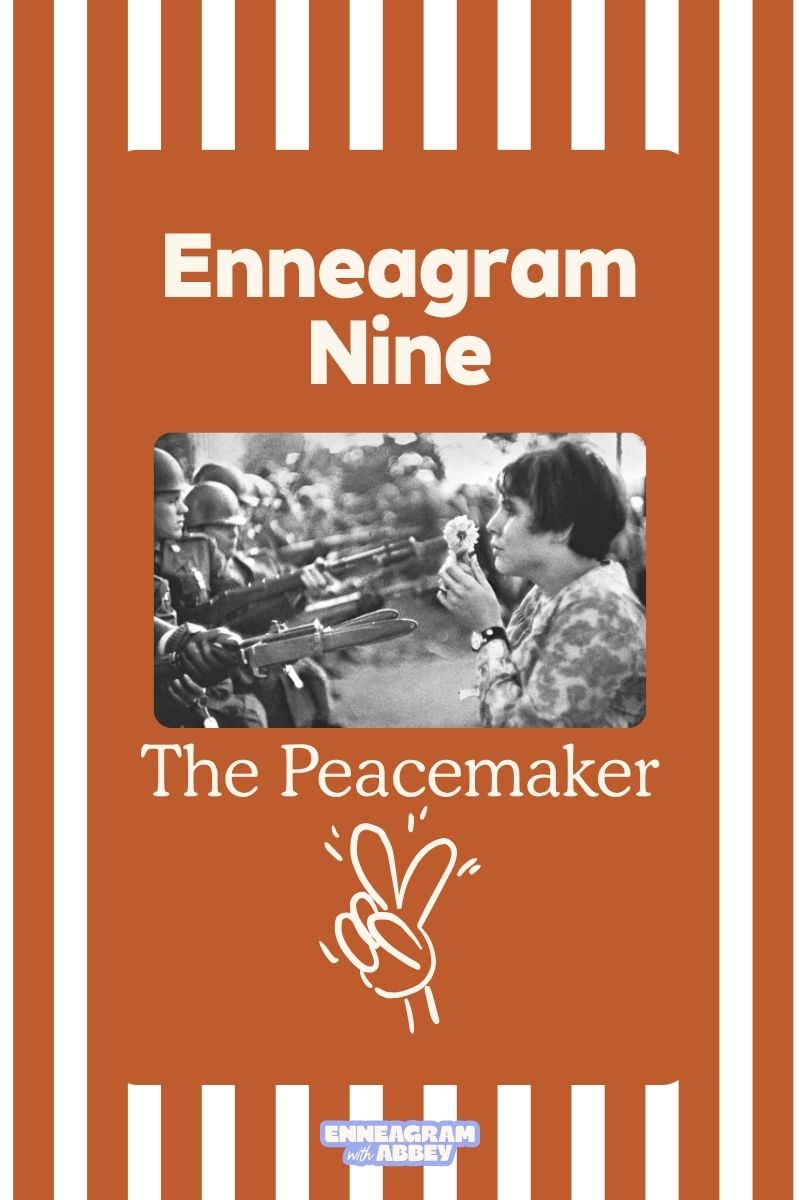 Enneagram type 9 peacemaker graphic with peace sign and protest image symbolizing calm, harmony, and conflict resolution