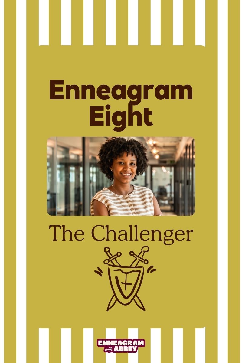 Enneagram type 8 challenger graphic with confident woman and shield icon symbolizing strength, leadership, and protection
