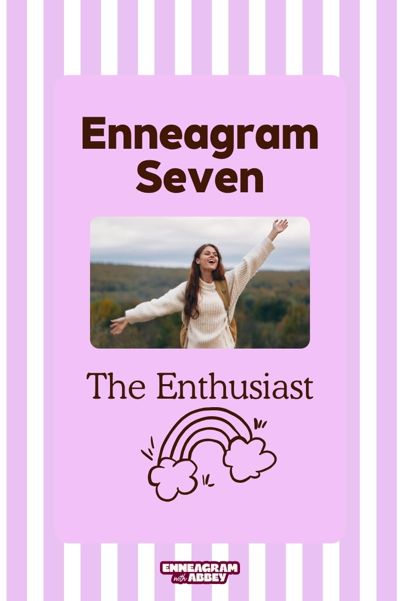 Enneagram Type 7 enthusiast smiling with arms raised under rainbow, symbolizing joy and freedom