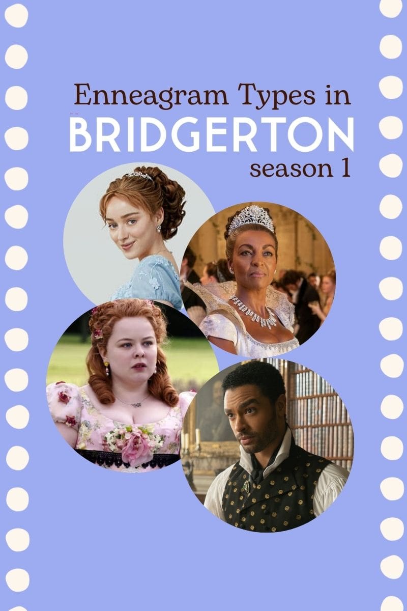 Graphic reading “Enneagram Types in Bridgerton Season 1” with circular photos of Daphne Bridgerton, Queen Charlotte, Penelope Featherington, and Simon Basset on a lavender background with white polka dot borders.