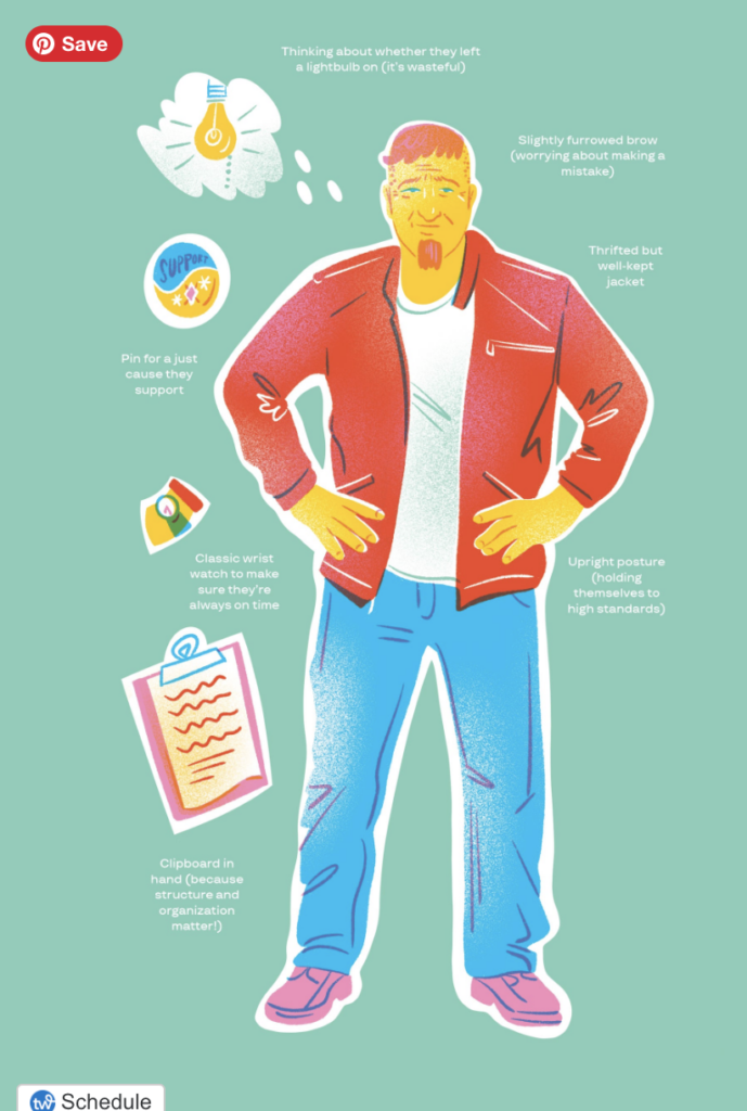 Illustrated man representing an Enneagram Type One, standing upright with hands on hips and a serious, slightly worried expression. He wears a neat but simple red jacket, blue pants, and a wristwatch. Surrounding icons highlight traits: a lightbulb (concern about waste), a “support” pin (supporting causes), a clipboard (value for structure and organization), and a watch (punctuality). Labels note his furrowed brow (fear of mistakes), upright posture (high standards), and well-kept but practical clothing.