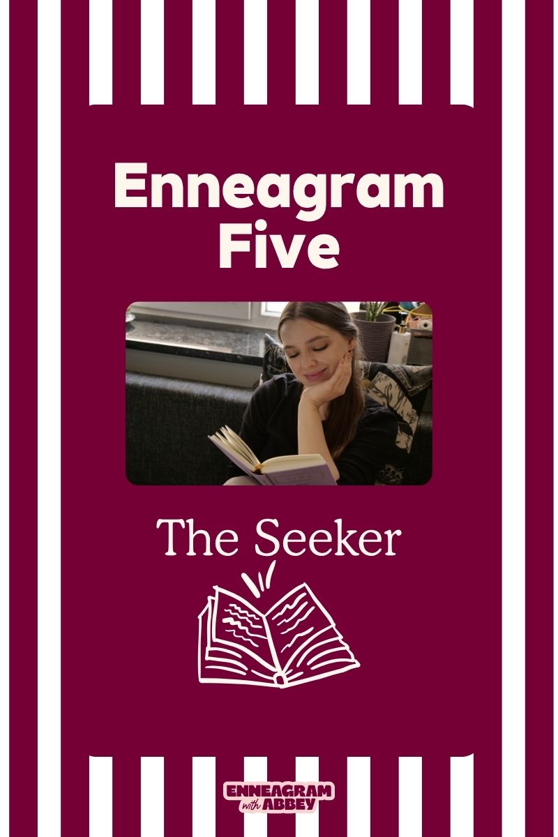 Enneagram 5 Seeker graphic with woman reading and book icon symbolizing knowledge and insight