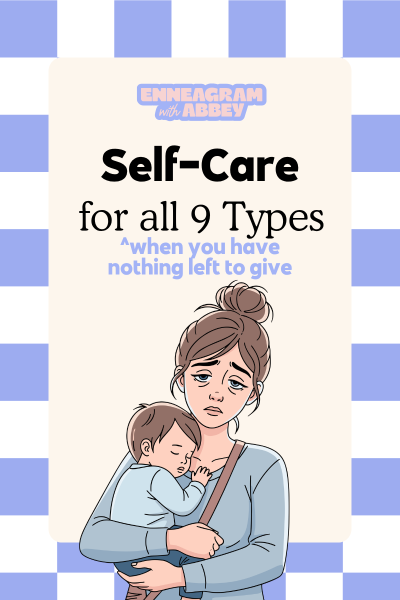 Tired parent holding newborn against blue checkered backdrop, reflecting on Enneagram self care after becoming a parent