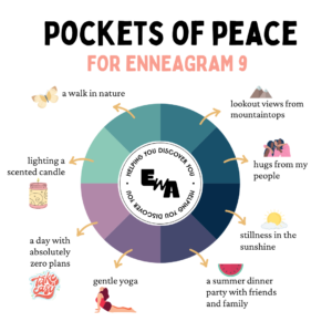 Illustrated wheel of Enneagram 9 pockets of peace showing calming rituals and daily moments of rest.