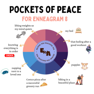 Illustrated wheel of Enneagram 8 pockets of peace showing calming rituals and daily moments of rest.