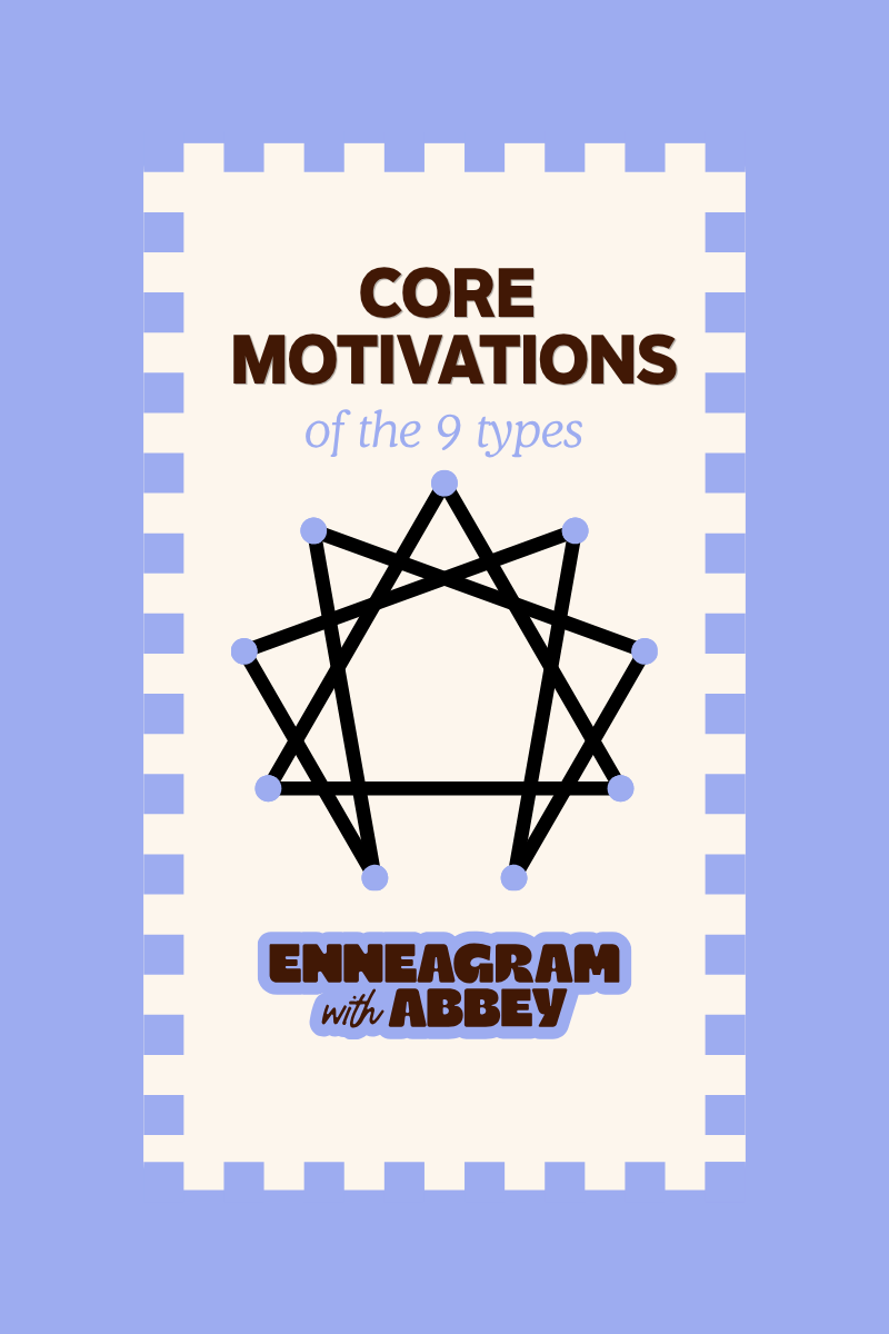 Illustration of the Enneagram symbol with text about core motivations enneagram on a purple background.