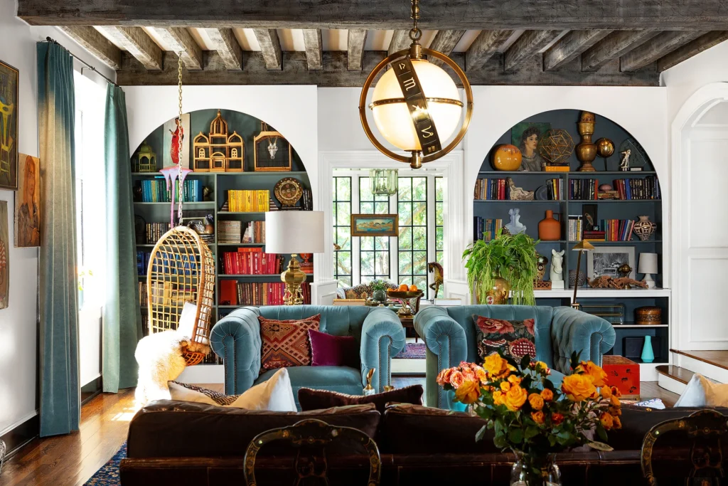 Bohemian Enneagram Four interior design with colorful bookshelves and eclectic decor