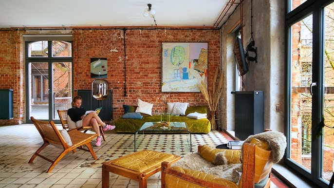Industrial Enneagram Six interior design with exposed brick and sturdy furniture