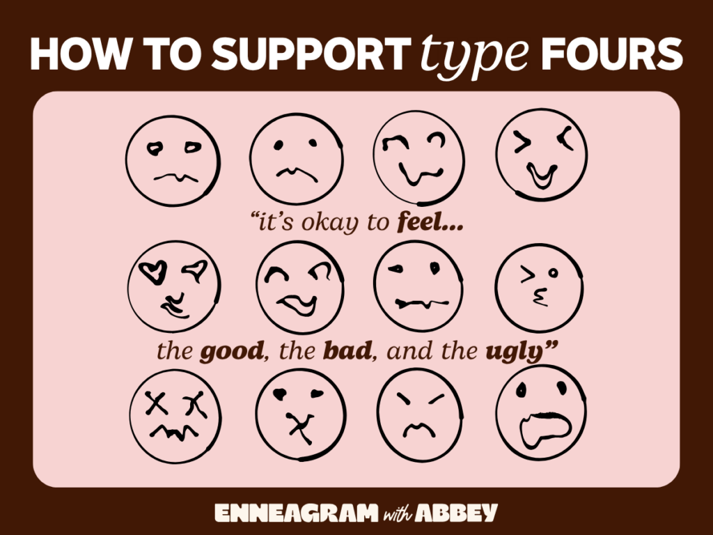Graphic titled “How to Support Type Fours” with hand-drawn faces showing different emotions and the phrase: “it’s okay to feel… the good, the bad, and the ugly.” Brown background with pink center panel and “Enneagram with Abbey” branding at the bottom.