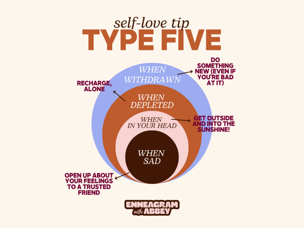 Graphic titled “self-love tip TYPE FIVE” with four nested circles labeled: “when withdrawn,” “when depleted,” “when in your head,” and “when sad.” Self-care suggestions include: recharge alone, do something new even if you’re bad at it, get outside into the sunshine, and open up about your feelings to a trusted friend. Beige background with orange, lavender, pink, and dark brown circles.