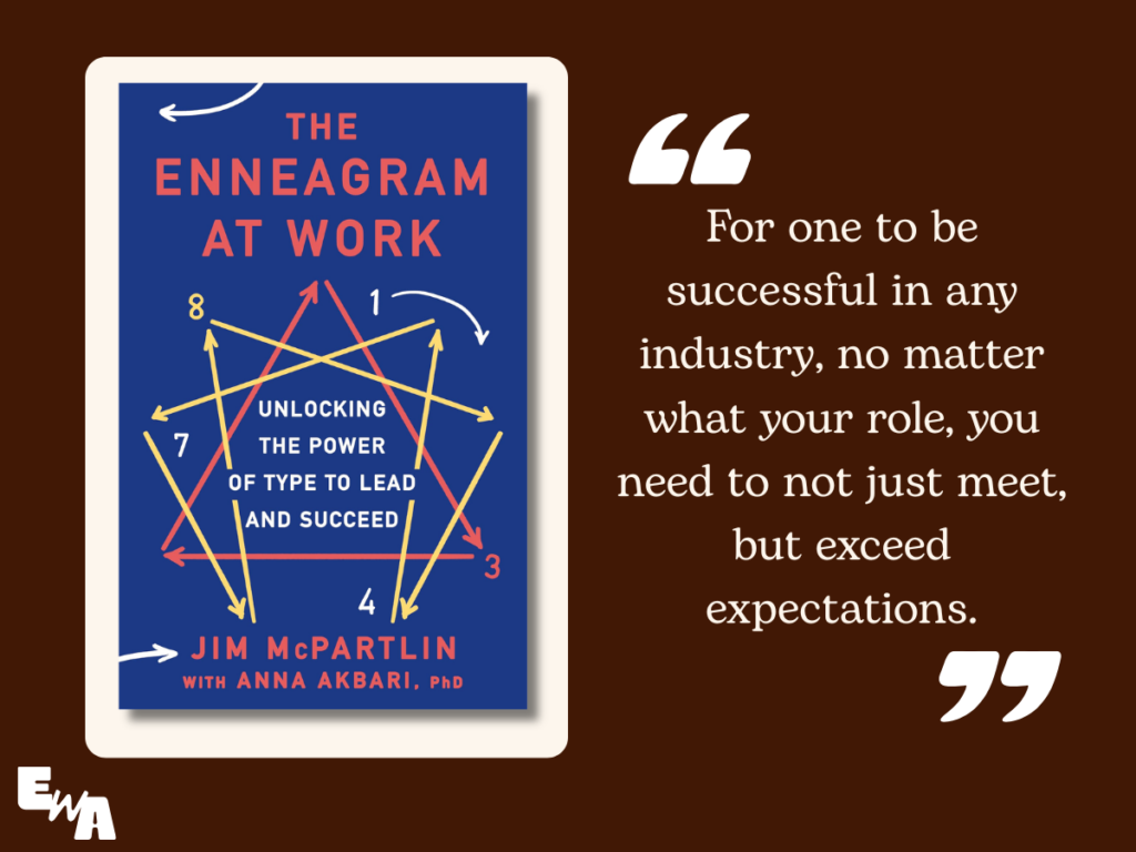Graphic featuring the book The Enneagram at Work by Jim McPartlin and Anna Akbari beside a quote about success and exceeding expectations.
