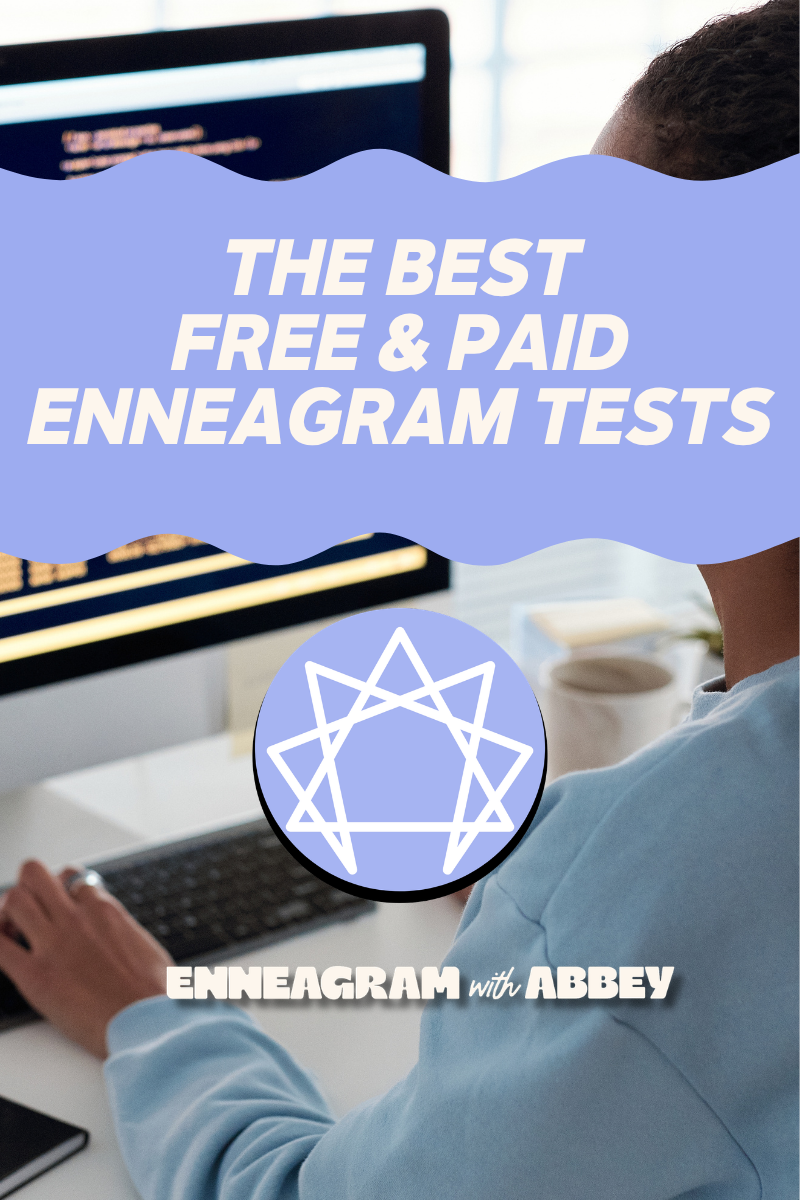 Person sitting at a computer with a coding screen, overlaid with the text "The Best Free & Paid Enneagram Tests." An Enneagram symbol appears in the center, with the "Enneagram with Abbey" logo at the bottom.