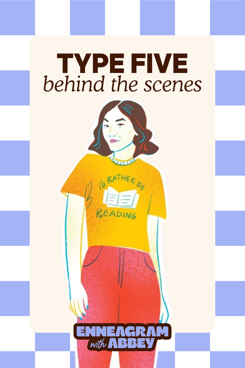 Illustration of an Enneagram Type Five wearing a yellow "I'd Rather Be Reading" T-shirt and red pants beneath the text "Type Five: Behind the Scenes," on a blue-and-white checkered background. The Enneagram with Abbey logo appears at the bottom.