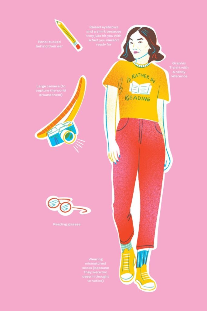 Illustration of a stereotypical Enneagram Type Five with an "I'd Rather Be Reading" shirt, pencil behind their ear, camera, reading glasses, and mismatched socks. The labels humorously emphasize their curiosity, love of knowledge, and tendency to get lost in thought.