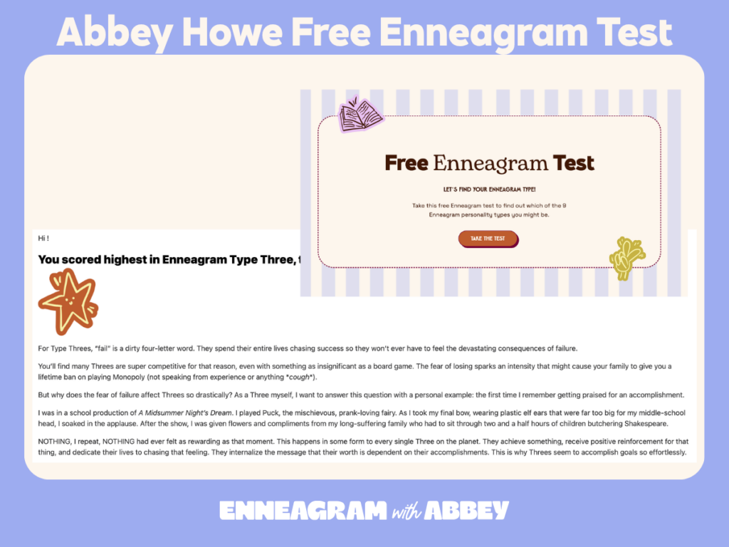 Screenshot of Abbey Howe's free Enneagram test showing the homepage and a sample personality results page.