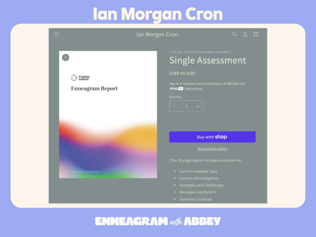 Screenshot of Ian Morgan Cron's Typology Institute Enneagram assessment sales page advertising a paid personality report.