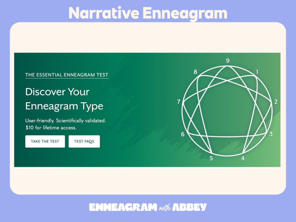 Screenshot of the Narrative Enneagram Essential Enneagram Test landing page with pricing and Enneagram symbol.