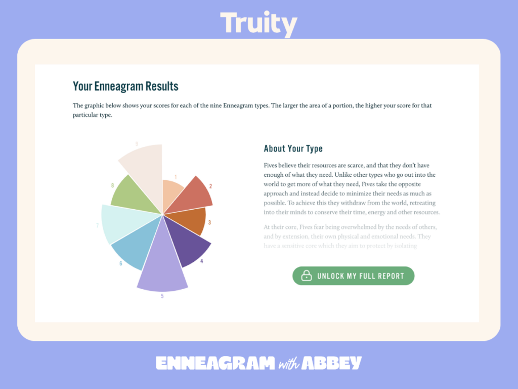 Screenshot of Truity Enneagram test results featuring a colorful chart of personality type scores.