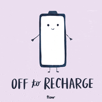 Cute illustration of a smiling battery with tiny arms and legs on a light purple background. The text below reads, "Off to Recharge."