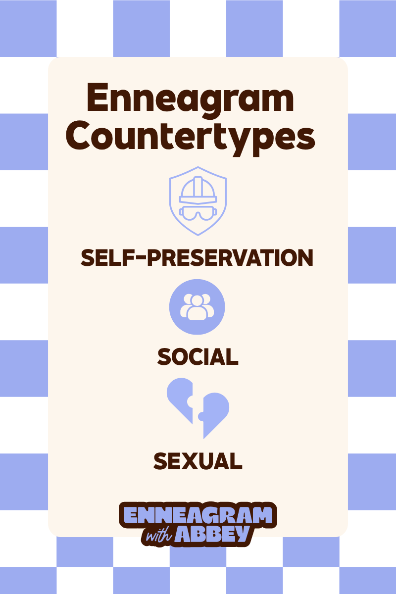 Enneagram countertypes graphic showing self‑preservation, social, and sexual icons on a cream and blue background.