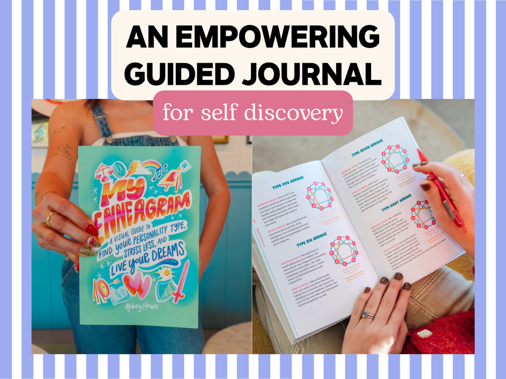 Guided Enneagram journal featuring a colorful illustrated cover and an open workbook with Enneagram type diagrams, presented with the text “An Empowering Guided Journal for Self Discovery.”