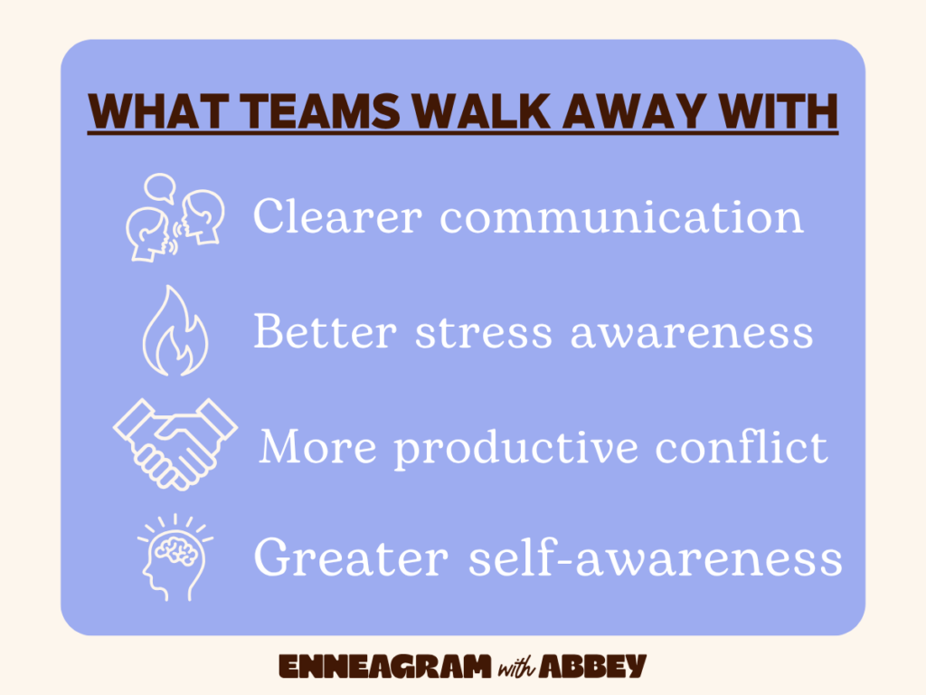 Graphic listing four benefits of an Enneagram workshop: clearer communication, better stress awareness, more productive conflict, and greater self-awareness.