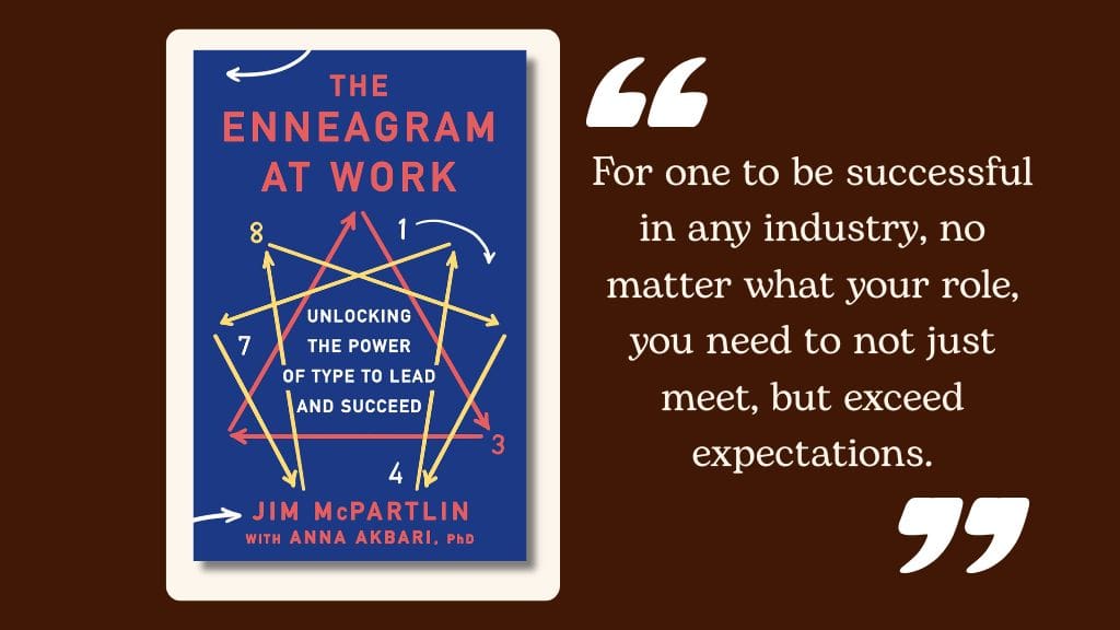 Book cover of The Enneagram at Work by Jim McPartlin with Anna Akbari, featuring an Enneagram diagram and a quote about exceeding expectations in leadership and industry.