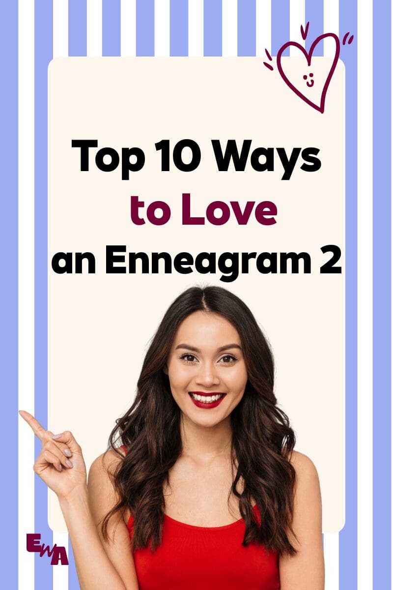 a woman in a red shirt points to text saying top 10 ways to love an enneagram 2